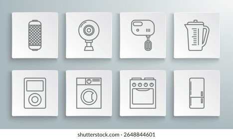 Set line Music player, Web camera, Washer, Forno, Frigorífico, Misturador elétrico, Taça de medição e ícone de alto-falante estéreo. Vetor