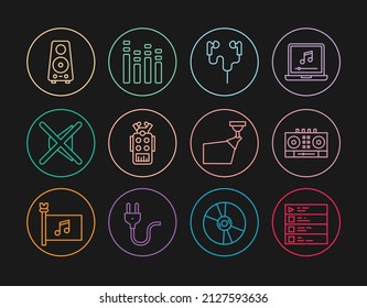 Set Line Music Playlist, DJ Remote And Mixing Music, Air Headphones, Microphone, Speaker Mute, Stereo Speaker, Movie Spotlight And Equalizer Icon. Vector