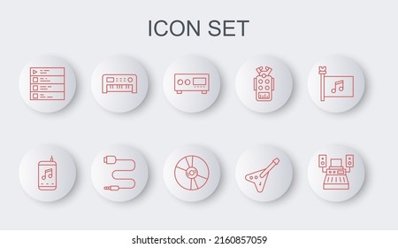 Set line Music recording studio, player, Guitar amplifier, Electric bass guitar, playlist, synthesizer, Audio jack and CD DVD disk icon. Vector