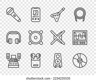 Set line Music recording studio, CD DVD disk, Electric bass guitar, Air headphones box, Microphone, Stereo speaker,  and Oscilloscope icon. Vector