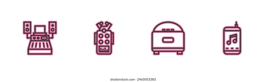 Ajuste de línea Estudio de grabación de música, altavoz estéreo, micrófono e icono del reproductor. Vector