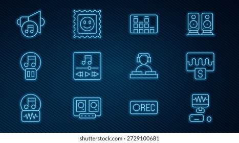 Set line Estudio de grabación de música, ecualizador de ondas, reproductor, Botón de pausa, volumen del altavoz, música de DJ y el ícono de marca de ácido LSD. Vector