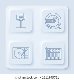 Set line Music stand, Music CD player, Vinyl player with a vinyl disk and Music synthesizer. White square button. Vector