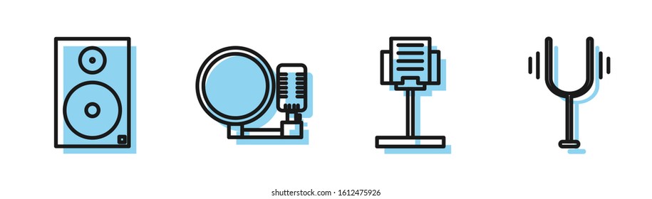 Set line Music stand, Stereo speaker, Microphone and Musical tuning fork icon. Vector