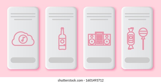Set line Music streaming service , Beer bottle , Home stereo with two speakers  and Lollipop . White rectangle button. Vector