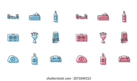 Set line Music streaming service, Whiskey bottle, Home stereo with two speakers, Sofa, Bouquet flowers, Karaoke, Retro audio cassette tape and Cake icon. Vector