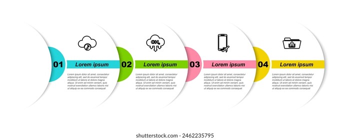 Set line Music streaming service, Methane emissions reduction, Flight mode the mobile and Folder upload. Business infographic template. Vector