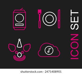 Set line Music streaming service, Clown head, Plate, fork and knife and Beer can icon. Vector