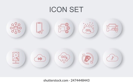 Set line Music streaming service, Hard disk drive on sharing network, Car, Refund money, Flight mode the mobile,  and CO2 emissions cloud icon. Vector