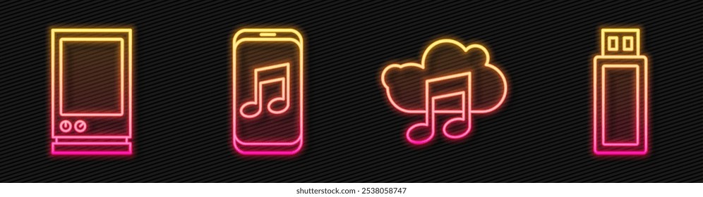 Set line Music streaming service, Voice assistant, Music player and USB flash drive. Glowing neon icon. Vector