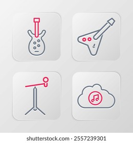 Set line Music streaming service, Microphone with stand, Electric bass guitar and  icon. Vector