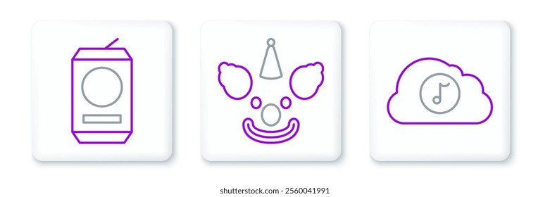 Set line Music streaming service, Beer can and Clown head icon. Vector