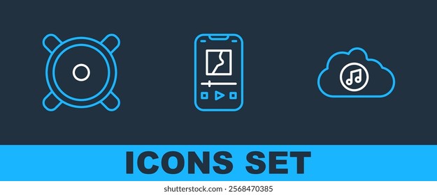 Set line Music streaming service, Stereo speaker and player icon. Vector