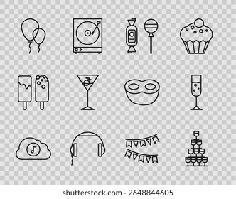 Set line Music streaming service, Wine glasses stacked pyramid tower, Lollipop, Headphones, Balloons with ribbon, Martini, Carnival garland flags and Glass of champagne icon. Vector