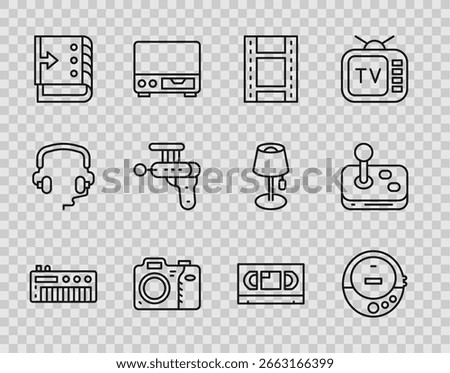 Set line Music synthesizer, CD player, Play Video, Photo camera, Sound mixer controller, Ray gun, VHS video cassette tape and Joystick icon. Vector