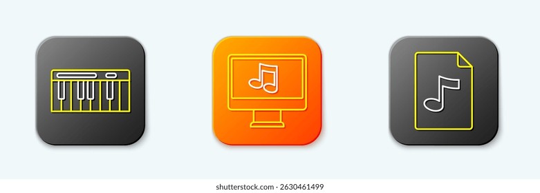 Set line Music synthesizer, Computer with music note and MP3 file document icon. Vector