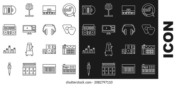 Set line Music synthesizer, Drum machine, Guitar pick, Piano, Video recorder or editor software on monitor, Home stereo with two speakers, Vinyl disk and Headphones icon. Vector
