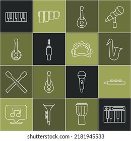 Set line Music synthesizer, Drum and drum sticks, Musical instrument saxophone, Guitar, Audio jack, Banjo,  and Tambourine icon. Vector