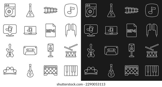 Set line Music synthesizer, Drum with drum sticks, Air headphones, Xylophone, Laptop music, note, tone, Guitar amplifier and MP4 file document icon. Vector