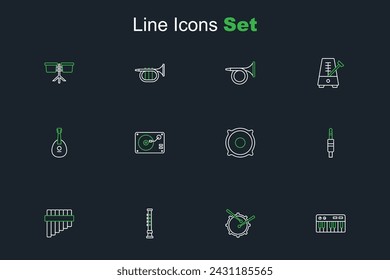 Set line Music synthesizer, Drum with drum sticks, Flute, Pan flute, Audio jack, Stereo speaker, Vinyl player vinyl disk and Mandolin icon. Vector