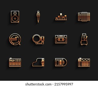 Set line Music synthesizer, Grand piano, Stereo speaker, Vinyl disk, Drum machine, Microphone, Metronome with pendulum motion and Retro audio cassette tape icon. Vector