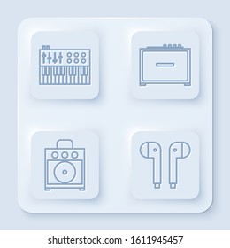 Set line Music synthesizer, Guitar amplifier, Guitar amplifier and Air headphones. White square button. Vector