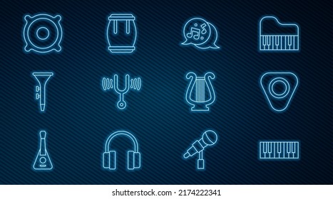 Set line Music synthesizer, Guitar pick, note, tone, Musical tuning fork, Drum and drum sticks, Stereo speaker, Ancient lyre and  icon. Vector