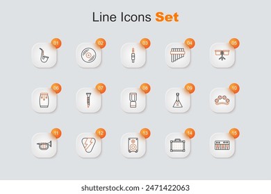 Set line Music synthesizer, Guitar amplifier, Stereo speaker, pick, Trumpet, Tambourine, Balalaika and African djembe drum icon. Vector