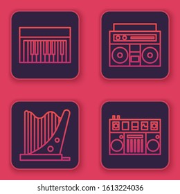 Set line Music synthesizer, Harp, Home stereo with two speakers and DJ remote for playing and mixing music. Blue square button. Vector