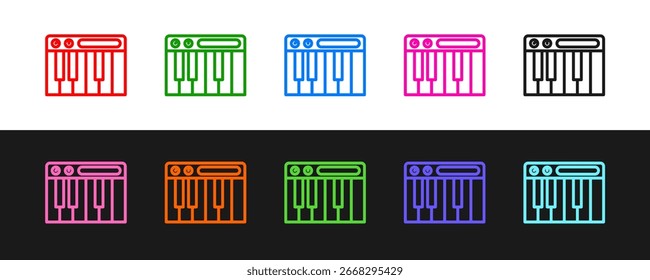 Definir linha Ícone do sintetizador de música isolado no fundo preto e branco. Piano eletrônico.  Vetor