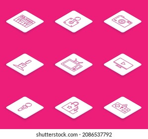 Set line Music synthesizer, Joystick for arcade machine, Photo camera, Shovel ground, Television, Online play video,  and Paper shopping bag icon. Vector