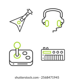 Set line Music synthesizer, Joystick, Headphones and Electric bass guitar icon. Vector