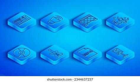 Set line Music synthesizer, Megaphone, Guitar amplifier, Electric bass guitar, MP4 file document, note, tone, Vinyl disk and Stereo speaker icon. Vector