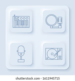 Set line Music synthesizer, Microphone, Microphone and Vinyl player with a vinyl disk. White square button. Vector