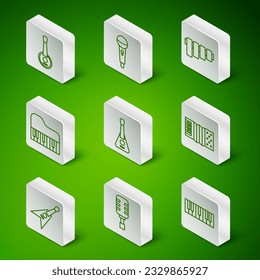 Set line Music synthesizer, Microphone, Banjo, Guitar, Grand piano, Electric bass guitar and Accordion icon. Vector