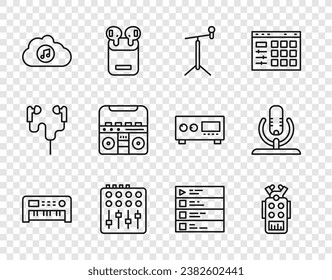 Set line Music synthesizer, Microphone, with stand, Sound mixer controller, streaming service, Home stereo speakers, playlist and  icon. Vector