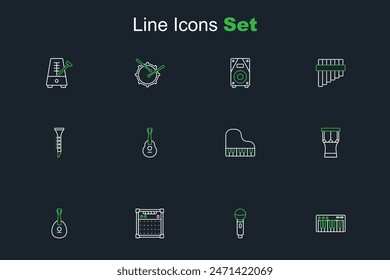 Set line Music synthesizer, Microphone, Guitar amplifier, Mandolin, African percussion drum, Grand piano,  and Clarinet icon. Vector