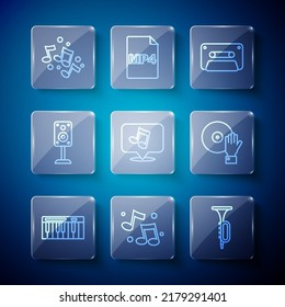 Set line Music synthesizer, note, tone, Trumpet, Retro audio cassette tape, Stereo speaker,  and DJ playing music icon. Vector