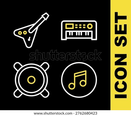 Set line Music synthesizer, note, tone, Stereo speaker and Electric bass guitar icon. Vector