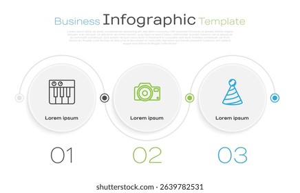 Set line Music synthesizer, Photo camera and Party hat. Business infographic template. Vector