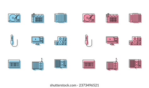 Set line Music synthesizer, Radio with antenna, Vinyl player vinyl disk, tape, Video recorder or editor software on monitor, Stereo speaker, Audio jack and Drum machine icon. Vector