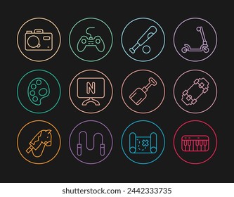 Set line Music synthesizer, Skateboard, Baseball bat with ball, Smart Tv, Palette, Photo camera, Shovel toy and Gamepad icon. Vector