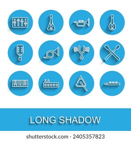 Set line Music synthesizer, Sound mixer controller, Triangle, Drum and drum sticks, Trumpet,  and Musical tuning fork icon. Vector
