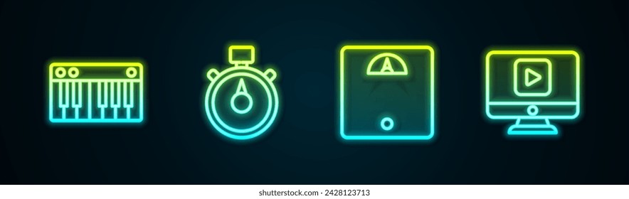 Set line Music synthesizer, Stopwatch, Bathroom scales and Online play video. Glowing neon icon. Vector