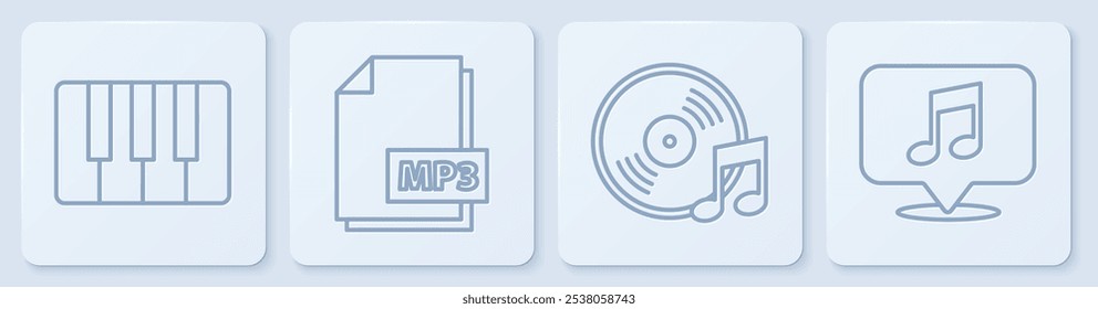 Sintetizador de música, disco de vinilo, documento de archivo MP3 y nota musical en la burbuja de discurso. Botón cuadrado blanco. Vector