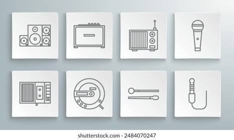 Set line Music tape player, Guitar amplifier, CD, Drum sticks, Audio jack, Radio with antenna, Microphone and Stereo speaker icon. Vector