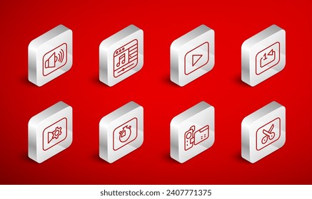 Set line Music or video editing, player, Play button, Repeat track music, Cinema camera, Speaker volume, Stopwatch and settings icon. Vector