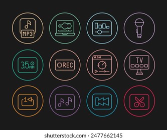 Set line Music or video editing, Smart Tv, equalizer, Record button, Audio jack, MP3 file, Online play and Sound audio recorder icon. Vector