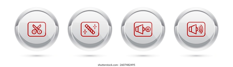 Set line Music or video editing, Photo retouching, Speaker volume and . Silver circle button. Vector