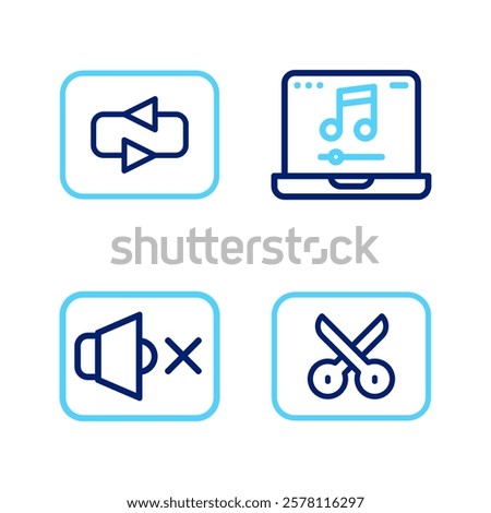 Set line Music or video editing, Speaker mute, Laptop with music and Repeat button icon. Vector